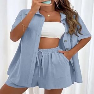 China Shipping [2025] New European and American Fashion Shorts Two-Piece Solid Color Shirt Set Casual Loose Short Sleeve Single-Breasted Womens Clothing 042