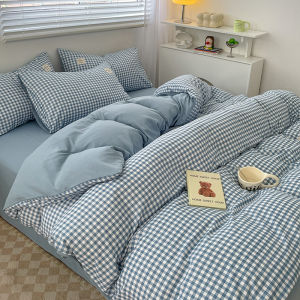 【Super low price】Japanese Style Blue Check Bedding Set 100% Polyester Soft Duvet Cover Set King Queen Plaid Bed Linen with Sheet and Pillowcases