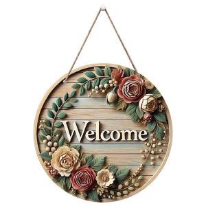 RJQFNG Cat Print 2D Round Welcome Sign Retro Style 2D Flat Round Doorplate Warm Home Hanging Plaque Front Door Decor