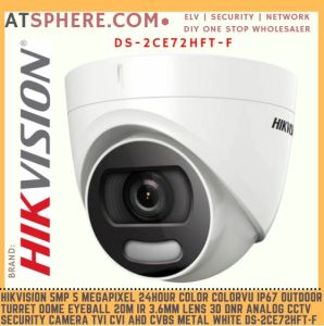 Hikvision 5MP 5 Megapixel 24Hour Color ColorVu IP67 Outdoor Analog CCTV Turret Dome Camera 20m 3.6mm Lens DS-2CE72HFT-F