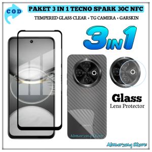 Paket 3 in 1 Tempered Glass Tecno Spark 30C NFC Tempered Glass Full Layar Anti gores Camera Garskin