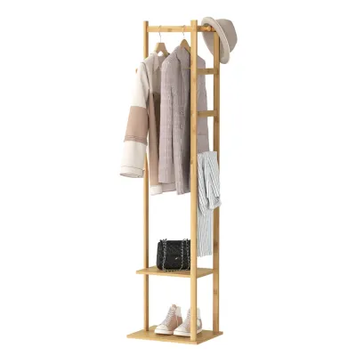 Freestanding Bamboo Corner Coat Rack Stand with Storage Shelves and Hanger Hooks