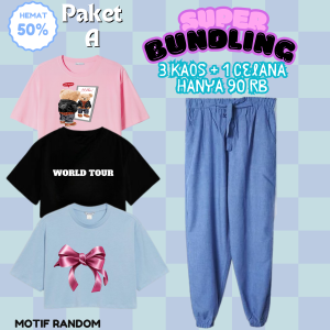 JOY Paket Bundling 4 in 1 Kaos Crop Top Dan Celana Supernova