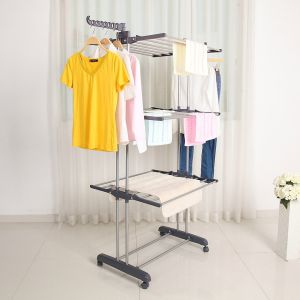 Korean Premium Foldable 3 Tier Clothes Drying Rack Rolling Collapsible Laundry Hanger Stand Rail For Indoor and Outdoor Used