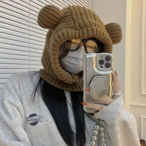 DRESSPLUS Solid Color Bear Ear Balaclava Hat Windproof Korean Style Winter Pullover Helmet Cap Casual Warm Knit Hooded Beanie Hat Women