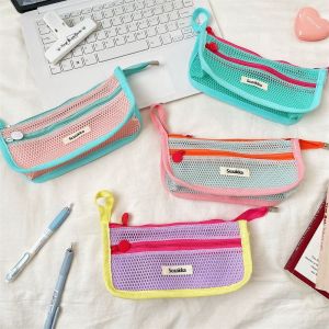 8GJGR Double Layer Mesh Pencil Case Retro Color Nylon Zipper Stationery Bag Casual Cosmetic Bag Transparent Pencil Bag Student