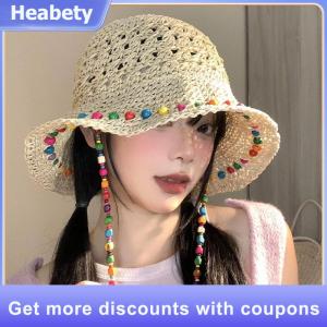 【Heabety】 Fashionable Colorful Wooden Bead Straw Hat For Women In Summer With Large Hollow Brim Sun Hat Foldable Fisherman Hat
