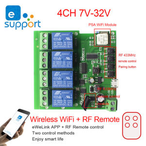 Công tắc thông minh 4 kênh 5-32VDC kết nối Wi-Fi app Ewelink 433Mhz điều khiển từ xa