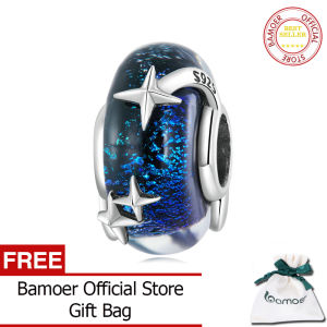 BAMOER 925 Sterling Silver Blue Starry Glass Bead Space Galaxy Star Charm for Women Original Bracelet Bangle BSC682