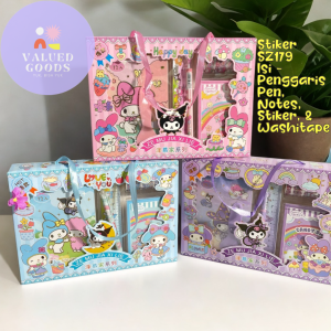 Paket 5 in 1 Sticker Solatip Isi Tape Roll Notes Penggaris Alat Tulis - MOTIF SANRIO WARNA BIRU PINK UNGU - washi tape cute girl kado unik bungkus gambar hadiah sovenir alat tulis kerja sekolah kantor lucu