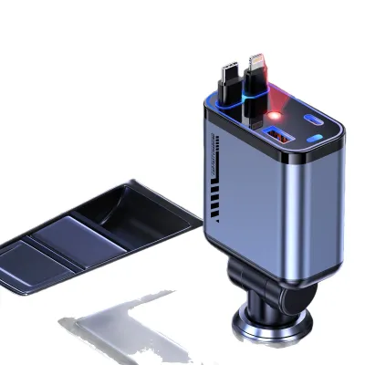 Tẩu Sạc Ô Tô Sạc Nhanh 120W Dây Rút Tự Động 4 Cổng USB Type-C Và Lightning Đa Năng - Vỏ Hợp Kim Cao Cấp
