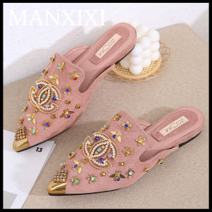 MANXIXI Women Fashion Loafers Slippers Beautiful Pearls Inlay Flat Mules Sandals (Size 35-41)