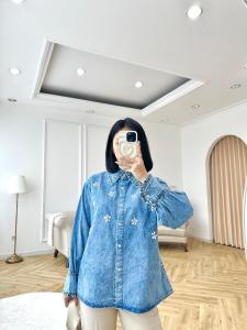 SJM KEMEJA DENIM NEW JEANS PAYET BUNGA CANTIK OVERSIZED LENGAN PANJANG 1710