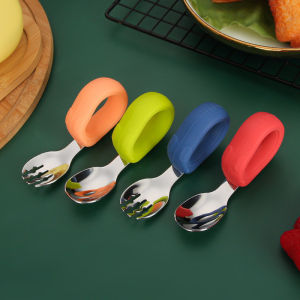 JOYNCLEON 304 thép không gỉ thức ăn trẻ em muỗng và Bộ Nĩa tay cầm Silicone bé đào tạo Bộ đồ ăn hộp ổ lưu trữ di động