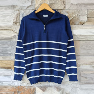 sweater baju rajut wanita kerah tinggi resleting turtleneck zipper motif setrip garis belang tangan panjang knitwear outer muslim terbaru nyaman busui