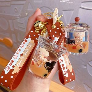 DZYSGY Mini Cute Pearl Milk Tea Cup Key Chain Cartoon Bag Charms Acrylic Bag Pendant Liquid Oil Keyring Milk Tea Bottle Keyring Milk Tea Cup Bear Keychain
