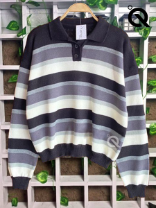 QIE GAYA atasan Sweater rajut kerah kancing polo motif fruity stripe garis kombinasi debora