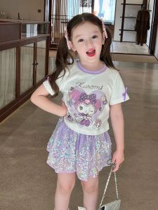 AY146 ชุดเดรสเด็กผู้หญิง ลายการ์ตูนสุดน่ารัก ตัวเสื้อผ้านุ่ม ใส่สบาย ไม่ระคายผิว ✨ กระโปรงชั้นนอกผ้าตาข่ายระยิบระยับ