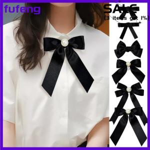 fufeng Black Ribbon Bow Pearl Brooch For Women Versatile Shirt Collar Pins Clothing Decoration Ribbon Tie Jewelry Accessories Gifts