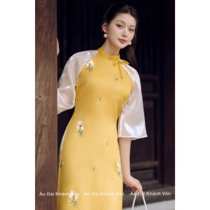 Áo Dài Cách Tân Nữ 4 Tà Lụa Tơ Thêu Hoa Trẻ Trυng Tay Lỡ Phối Nơ Duyên Dáng (MD28) - Áo Dài Khánh Vân