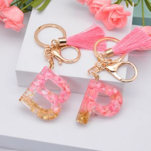 1Pc Car Keychain Fashion Alphabet Tassel Personalized Ornaments Key Ring Diy Cute Letters Pendant Resin Glitter Gradient Gold Leaf Key Chain Holder Name Souvenir Customized Give Away for Girl Couple Gift Handbag Car Mirror Key Accessories