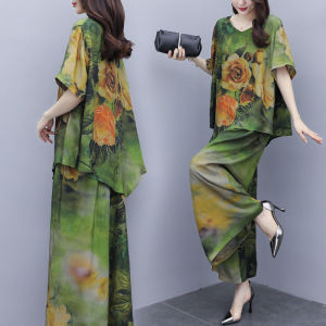 Bộ đồ thể thao yushu cho nữ Bộ 2 chiếc áo phông kéo dài in chữ mùa xuân hè áo thun và quần Bộ quần áo