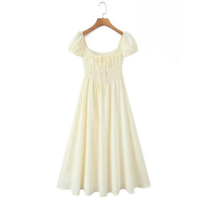 CHIC Beige Bow Square Collar Short Puff Sleeve Midi Dress Women High Elastic Waist A-lined Swing Long Dresses Holiday Vestidos2026