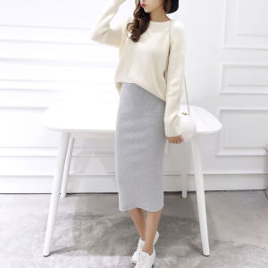 (Stock in KL-087) Womens Midi Skirt Ribbed Slim High Waist Elastic Pencil Knitting Look
