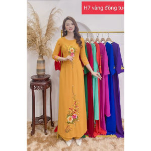 Áo dài nữ tằm ý màu vàng thêu hoa đủ size SMLXLXXL3XL