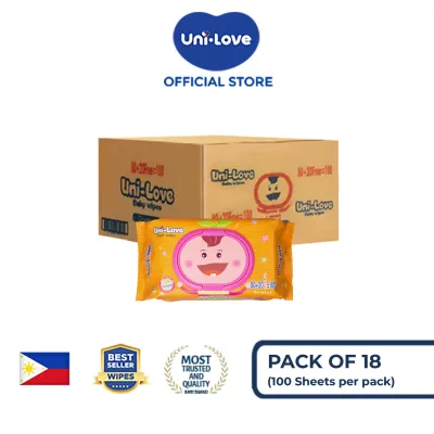 UniLove Powder Scent Baby Wipes 100s Pack of 18 (1 Case) - 99% Water| Hypoallergenic | Alcohol Free | No harmful chemicals | with Aloe Vera | Safe & Gentle | FDA Approved