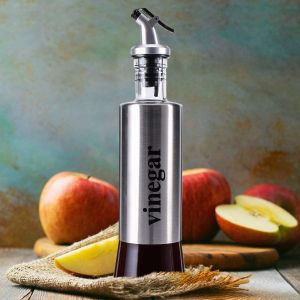 4 Pack Oil and Vinegar Cruet Dispenser Set with Drip Free Design Elegant Stainless Steel Pouring Spouts 11oz Glass Dispenser with Glass Bottom Soy Sauce Container for Kitchen (Free Wooden Holder)