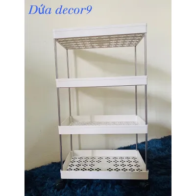 Kệ Đa Năng Nhà Bếp Inox 304 Và Nhựa PP Cao Cấp 4 Tầng Gồm 4 Khay Nhựa 12 Thanh Inox 4 Bánh Xe