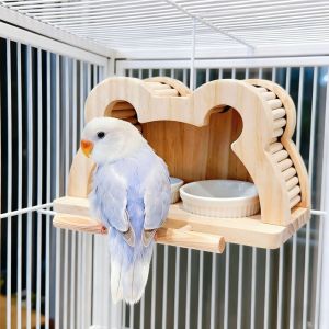 OUTOPEN Bite Resistant Wooden Bird Nest House Splash-proof Large Capacity Observation House Avoidance House Double Bowls Bird Feeding Station Parrot Cage