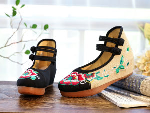 Free Shipping High-Heeled Shoes Single Shoes Embroidered Fabric Shoes With Internal Height Increase Wedge Heel Double Buckle Ethnic Style WomenS Shoes