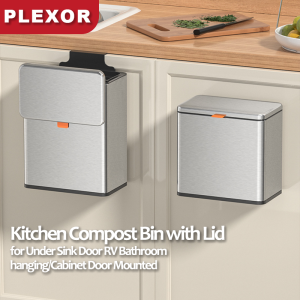 Plexor Kitchen Compost Bin with PP Inner Bucket Hanging Trash Can with Lid 5/8L 430 Stainless Steel Garbage Can for Kitchen Cabinet Door Mounted Trash Can Under Sink Door RV Bathroom(Silver/White/Grey)