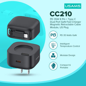 Usams CC210 35W Telescopic Cable Charger Dual Output GaN Fast Charger With Light Ning Magnetic Retractable Cable Module