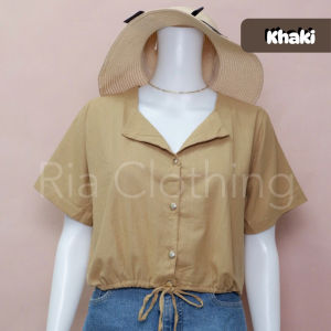 Maine Button Down Blouse w/ Tie Semi Basic Croptop Korean Bkk Trendy Casual Women Top M-Semi Large