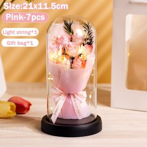 Artificial Rose Flower Glass Cover Dome Eternal Rose Flower Bouquet LED Valentines Girlfriend Gift