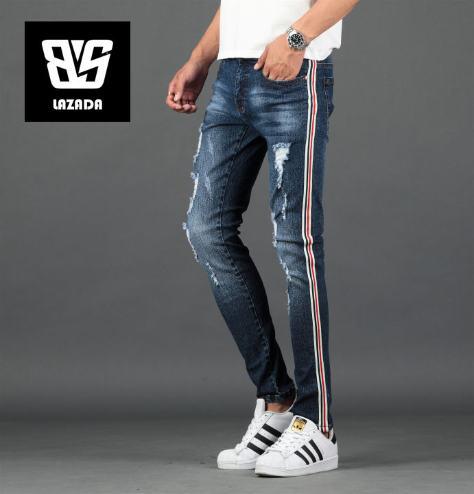 Mens Denim New Strip Jeans Slim Fit Stretch Denim Jeans With Rips