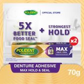 [2 Pack] POLIDENT Max Hold & Seal Denture Adhesive Up To 12-Hour Hold 5x Food Seal Barrier 70g