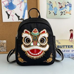 HOTOTO Vintage Lion Doll Backpack Chinese Style Lion Dance Pattern Student Backpack Fashion Large Capacity School Bag for Boys and Girls