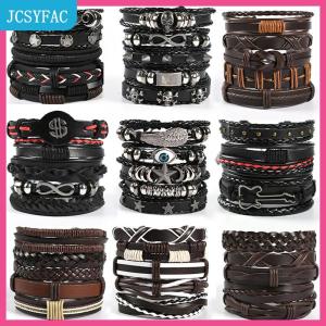 JCSYFAC Vòng tay & lắc tay da nhiều lớp phối kim loại hình đầu lâu ngôi sao phong cách Gothic Punk cổ điển cho nam