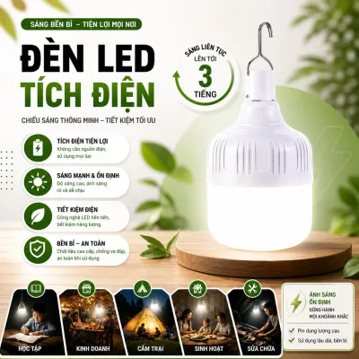 Đèn tích điện siêu sáng 200W có móc treo - Bóng đèn tích điện dùng cúp điện tiện lợi sử dụng lên 3 giờ Bóng đèn tích điện