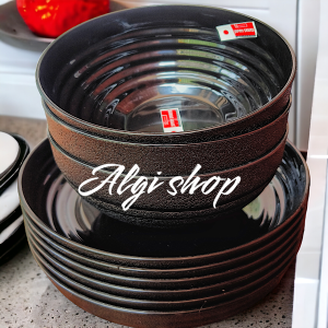 12Pcs Grtis sndok Pket Ramen Hitam japan isi 6piring bulat 6mangkuk bulat hitam foodgrade