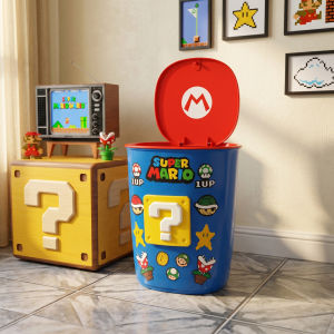 CHUMX Moveable Household Trash Can with Lid and Wheels featuring a Mario Cartoon design