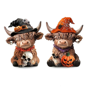 Artistic Halloween High Land Cow Sculpture with Skull Pumpkin Resins Statue Home Accent Festives Tiered Tray Decors Gift