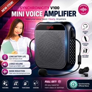 Lapel Microphone with Speaker | Voice Amplifier Portable Clip-On with Wired Microphone Headset & Waistband | Rechargeable Synchronicity V100 | Lapel LoudSpeaker 3.5mm Wired Wireless Cherr Set Event Speech Karaoke Videoke Concert Handheld Fast Shipping