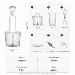 Simplus 4-In-1 Handheld Immersion Blender  Dual Large Jugs  Stainless Steel Blades  Egg Beater Mixer Baby Food Juicer