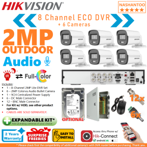 Hikvision 8Channel 2MP Colorvu Smart Hybrid Light Audio 6Cameras Outdoor Bullet 8CH DIY CCTV Package Kit NASHANTOO 8/6CRV2 ECO-CPS (with optional HDD) (Cables are sold separately)