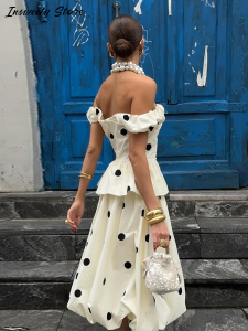 Fashion Polka Dot Two-Piece Outfit Womens Sleeveless Sling Ruffled Hem Tops Pleated Puffy Skirt 2026 Spring New Lady Casual Set2026